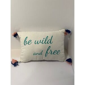 Be Wild and Free Embroidered Lumbar Throw Pillow Cream Teal Boho Tassels 16x12